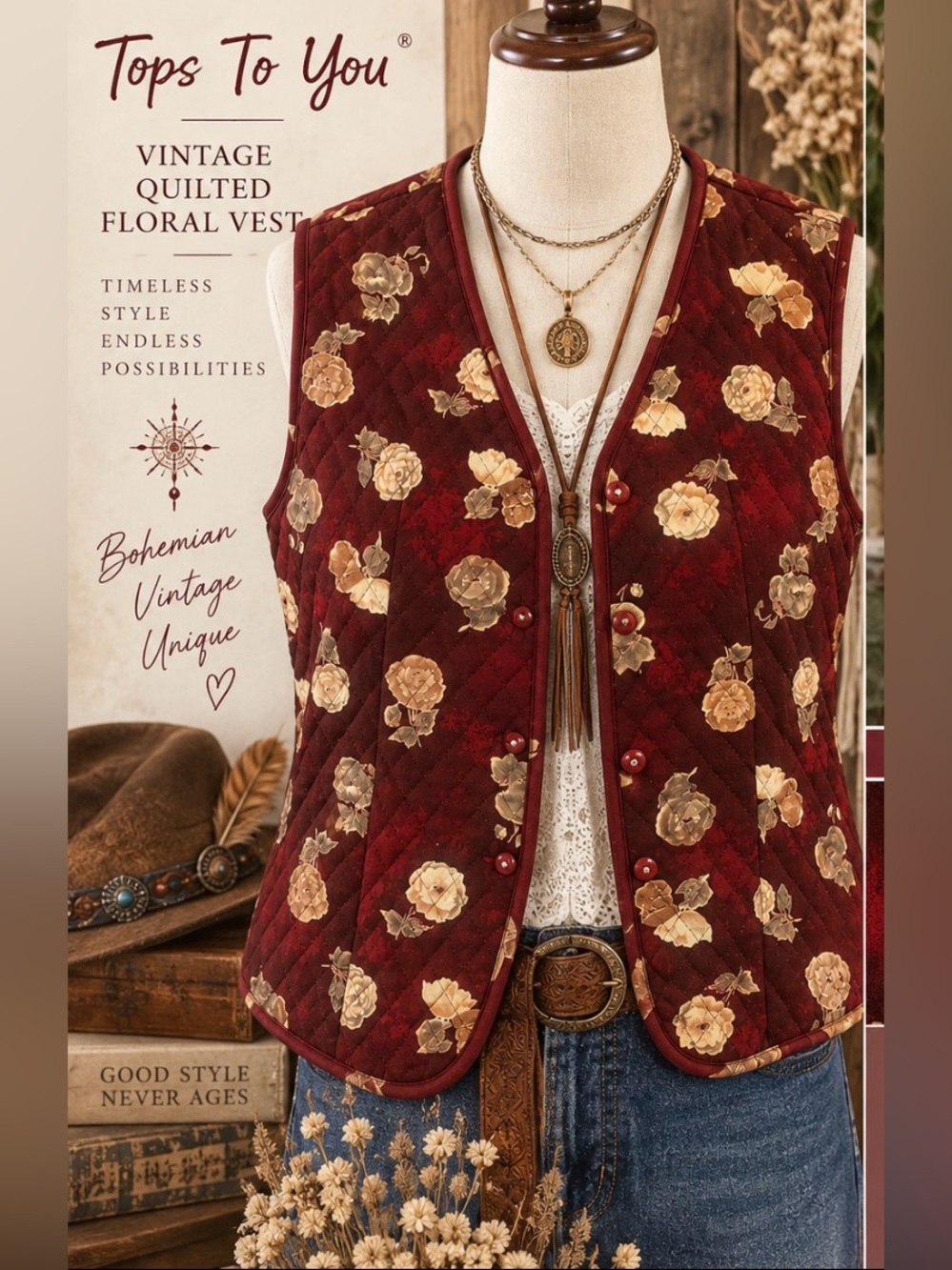 Vintage Quilted Floral Button-Front Vest - Burgundy- satin lined- Large 42” bust